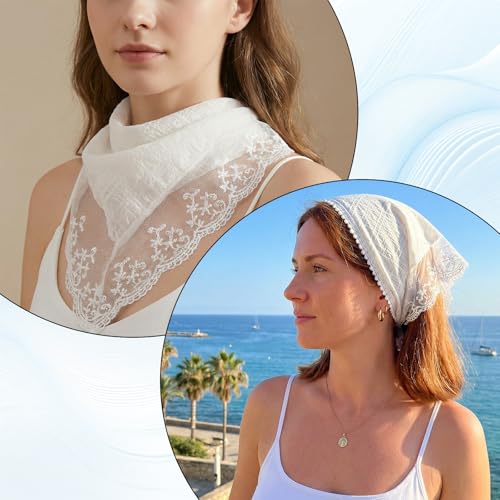 White Lace Head Scarf for Women - Adjustable Bohemian Bandana