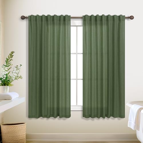 KOUFALL Olive Green Semi Sheer Linen Curtains - 45 Inch Length, Set of 2 Panels