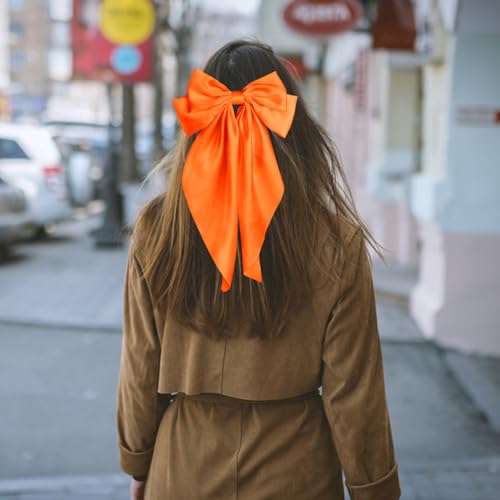 Orange Satin Hair Bow Clip for Women & Girls - 15x8in