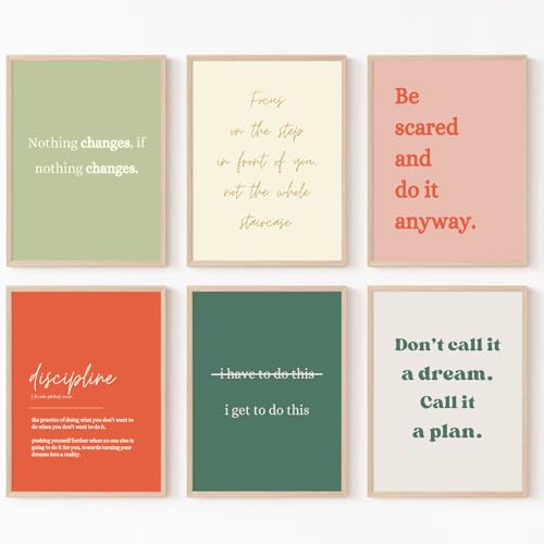 Motivational Wall Art Prints - Set of 6 Inspirational Quotes, 8x10 Unframed Canvas for Office & Home Decor