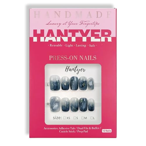 Hantyer Blue Ocean Wave Press on Nails, Short Square 3D Gel False Nails