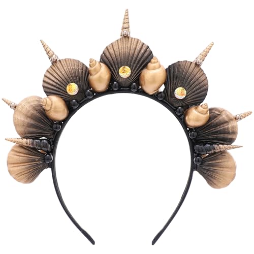 Ocean-Inspired Black Gold Seashell Halo Crown with Pearl & Conch