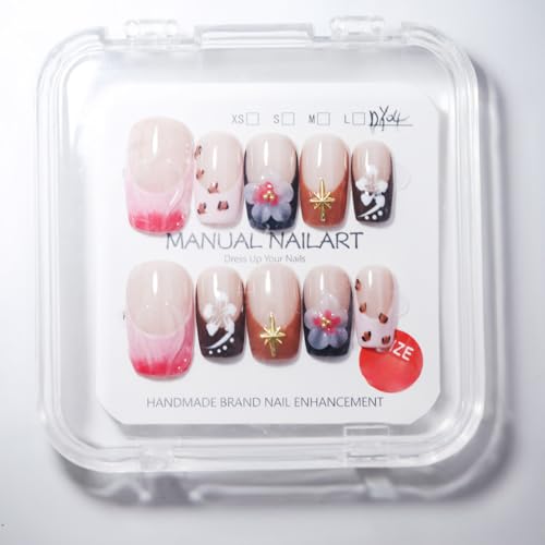 Reusable Handmade Medium Square Press-On Nails O901 / M - Salon Quality, French Tip & 3D Decor