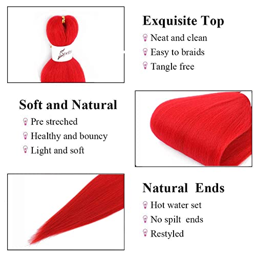 SOKU Pre-Stretched Red Braiding Hair - 24" Soft Synthetic Fiber, 4 Packs