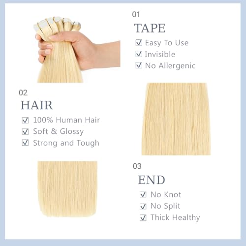 Lorauroga #613 Honey Blonde Tape-In Hair Extensions, 20 Inch Remy Human Hair