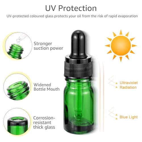 JIWU Green 5ml Glass Dropper Bottles with Funnels - Sample Vials for Essential Oils
