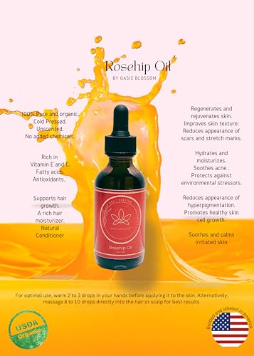 Oasis Blossom USDA Organic Rosehip Oil - Pure Cold Pressed Face & Hair Oil