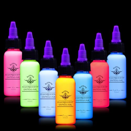 Tuffking 7-Color Fluorescent Tattoo Ink Set, Glow-in-the-Dark UV Pigments