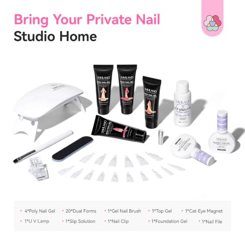 SAVILAND Cat-Eye Poly Gel Nail Kit - 4 Pink Colors with UV Lamp & Tools, Model 03-4