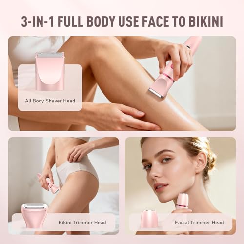 Bikini Trimmer for Women, 3-in-1 Electric Razor, IPX7 Waterproof Ceramic Blades, Wet & Dry Use, LED Display, Painless Shaver for Bikini, Face, Underarms, Legs, Home Travel (Pink)