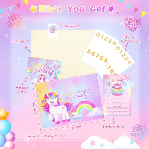 3D Unicorn Birthday Card with Music & Light - DIY Age Stickers
