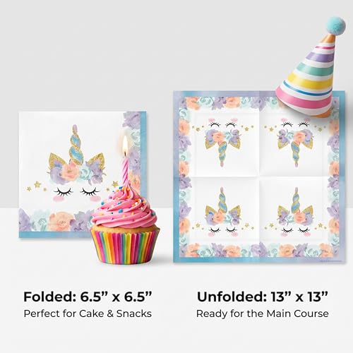 Unicorn Napkins 60 Pack - Pastel Pink, Purple, Blue Designs