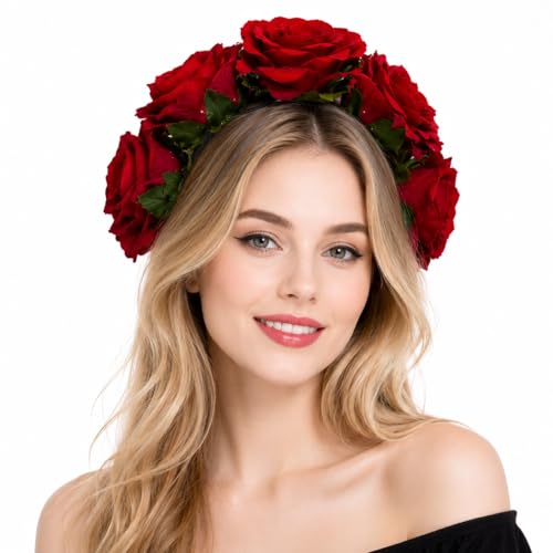 Bodermincer Dark Red Rose Flower Headband for Women, Floral Hair Hoop