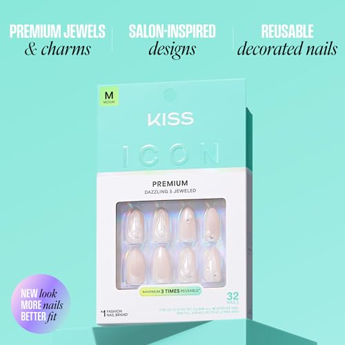 KISS Terrific Press On Nails Kit with Glue and Accessories - Almond Shape, Medium, White, 32 Nails