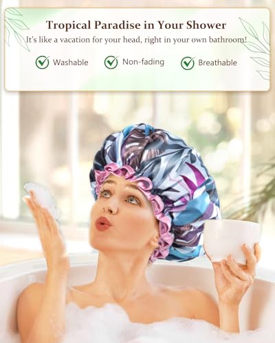 mikimini Adjustable Shower Cap for Women, Waterproof Tropical Print, 2 Pack