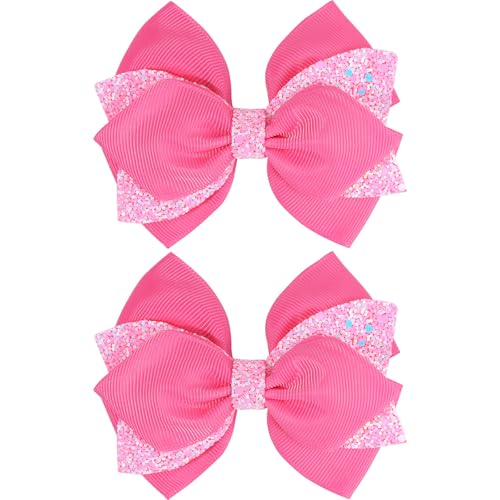 Pink Glitter Hair Bow Clips for Girls Kids Teens - 2PCS 4 Inch Sparkly Hair Accessories