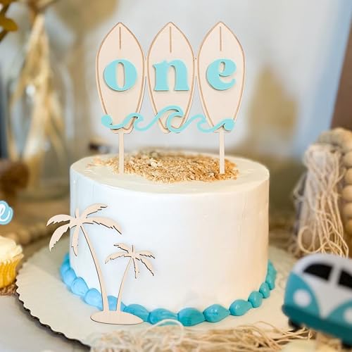 Surfboard Birthday Cake Topper - Big One Wave Surf Wood Decoration