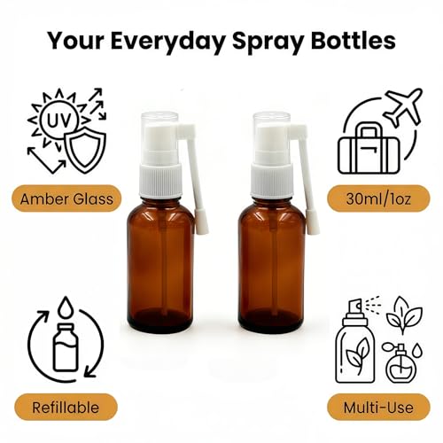 2-Pack 30ml Amber Glass Spray Bottles - Refillable Nasal & Cosmetic Pump Containers