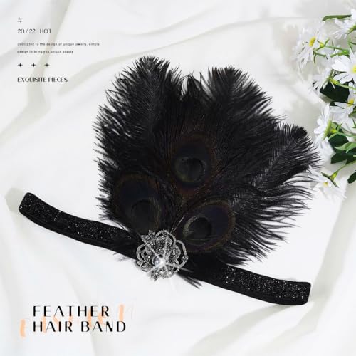1920s Flapper Headband with Black Feather & Peacock Accent