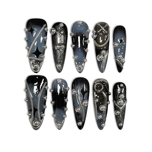 Long Stiletto Press-On Nails with 3D Cross Studs - Size M