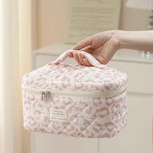 Large Quilted Makeup Bag for Women - 31 Pink Leopard