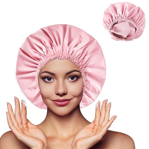Pink Waterproof Shower Cap for Women - Large Double-Layer Bonnet, Hair & Spa Protection