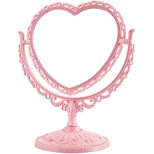 Jetec Pink Heart Shaped Desktop Makeup Mirror 360° Rotation Cosmetic Vanity
