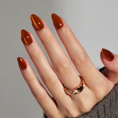 LAMIMOSA 32 Pcs Short Almond Press-On Nails - Amber Gel Fake Nails Kit