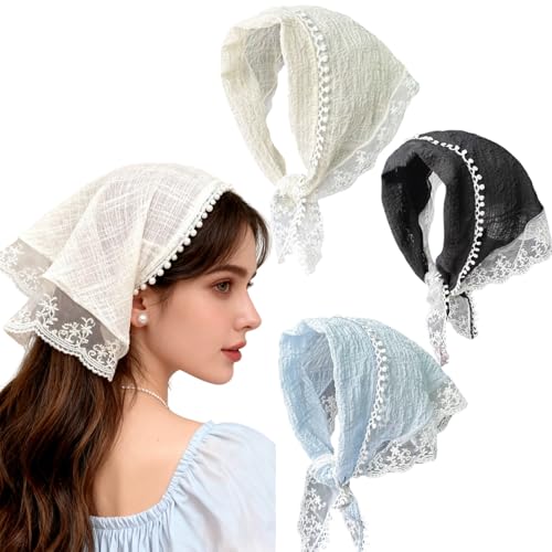 3 Pcs Lace Triangle Headscarf Set - White, Blue & Black Hair Accessories