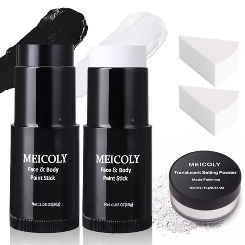 MEICOLY Black & White Face Body Paint Stick Set with Sponges & Setting Powder for Halloween & SFX Makeup