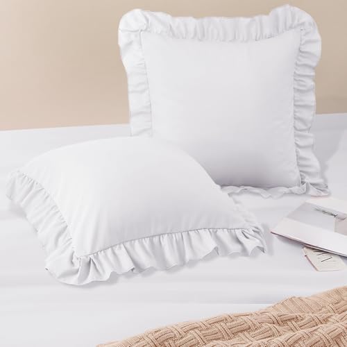 White Ruffle Euro Pillow Shams - 26" x 26" Soft Microfiber Covers (Set of 2)