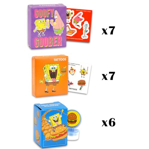 Spongebob Party Favors Bundle for 20 Guests - Boxes with Stickers, Tattoos, & Stampers