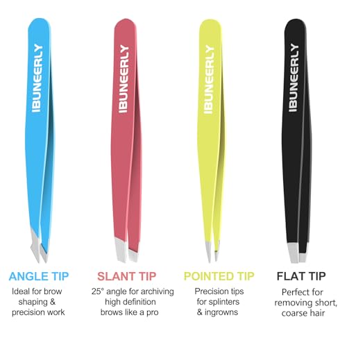 iBuneerly Eyebrow Tweezers Set - 4 Multi-Color Stainless Steel Tweezers with Travel Case