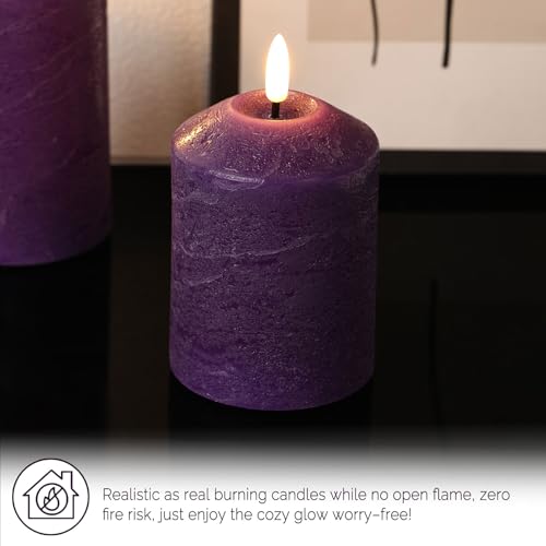 Purple Flameless Pillar Candles with Remote Control - Set of 3