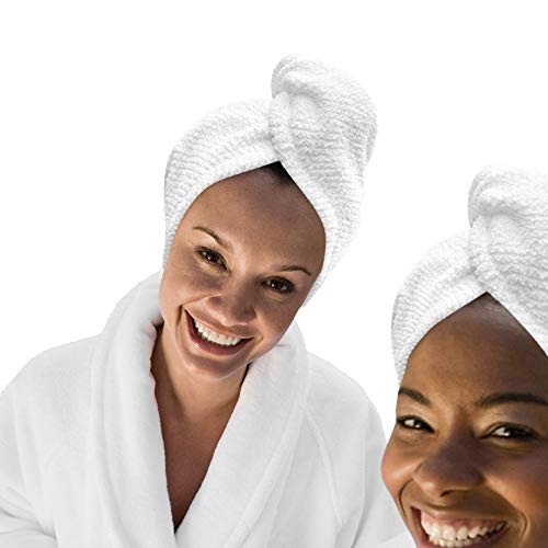 KEEPOZ 2-Pack Cotton Hair Towel Wraps for Women, Quick Dry Turban with Button, White Check