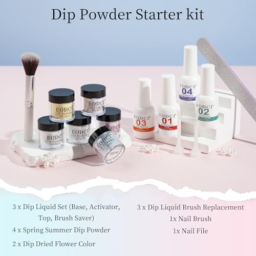 Eodci Flower Dip Powder Nail Kit with Dried Crystal Flowers - 6 Colors, No UV Needed