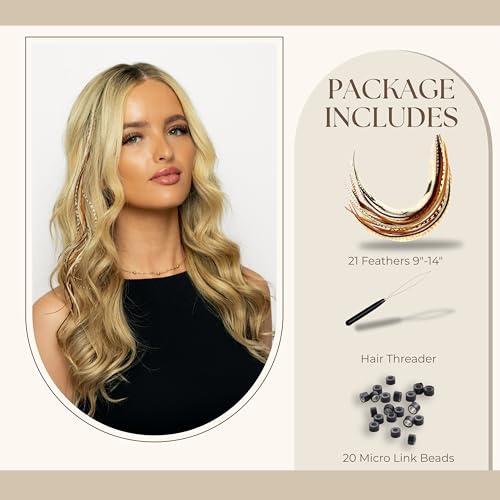 21 Natural Color Hair Extensions ? 9¡±?14¡± Long ? DIY Rooster Kit with 20 Micro-Link Beads ? 100% Real Feathers ? Eye-Catching Boho Style