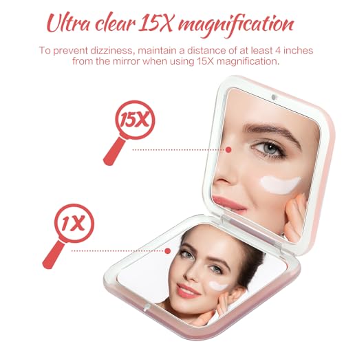 Compact Travel Magnifying Mirror - 1x/15x Pink Pocket Mirror