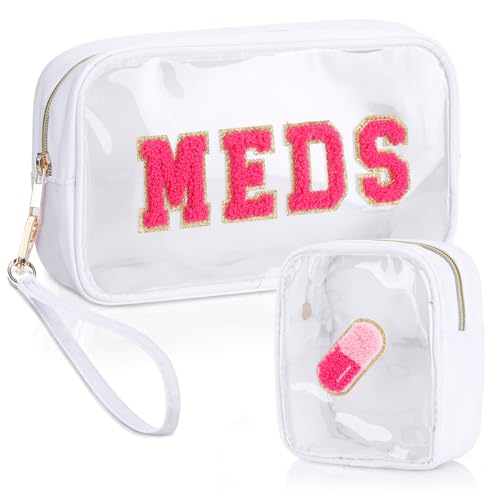 Hillban 2-Piece Preppy Chenille Letter Medicine Bag Set, Clear Travel Organizer