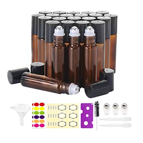 Mavogel 24-Pack 10ml Amber Glass Roller Bottles with Stainless Steel Balls