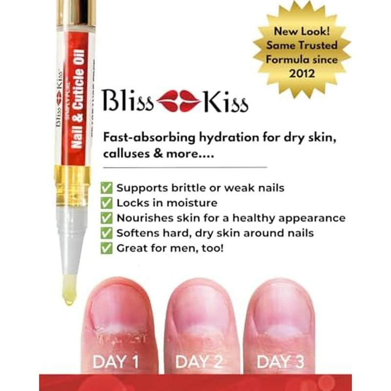 Bliss Kiss Fragrance Free Nail Oil Cuticle Pen with Vitamin E & Jojoba - Nail Strengthener Nail Growth Serum for Brittle Peeling Breaking Thin Nails