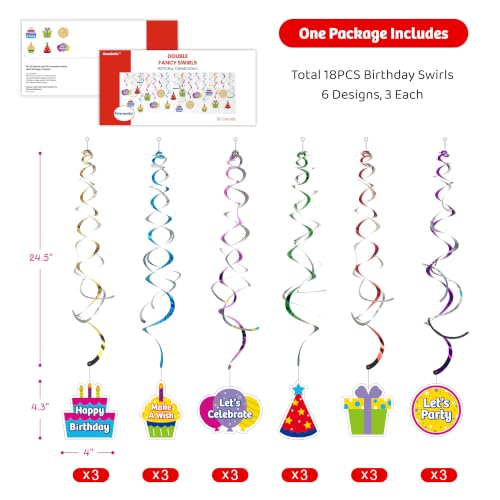 HonuGoGo 18-Piece Happy Birthday Decorations – Colorful Hanging Swirls
