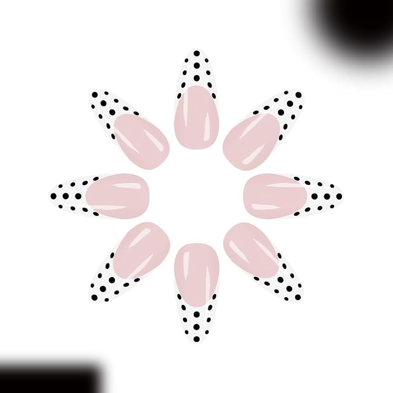 Black Polka Dot French Tip Press-On Nails - 24 Pcs Set