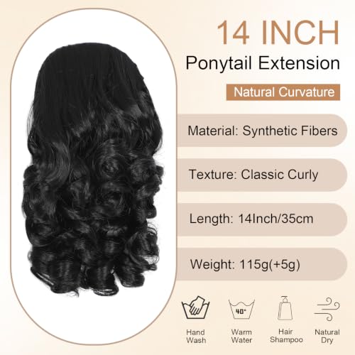 14” Black Wavy Curly Drawstring Ponytail Extension for Women