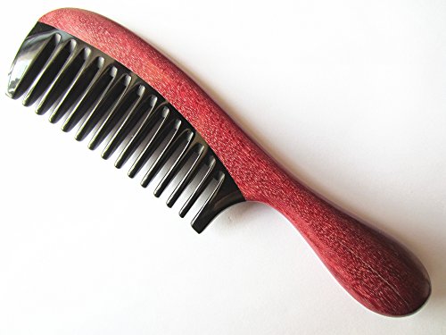 Myhsmooth Handmade Black Buffalo Horn Comb with Violetwood Handle, Wide Tooth, No Static, 7inch