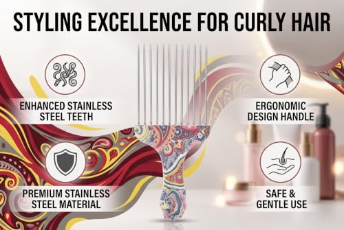 Stainless Steel Afro Detangling Hair Pick Comb for Curly & Thick Hair