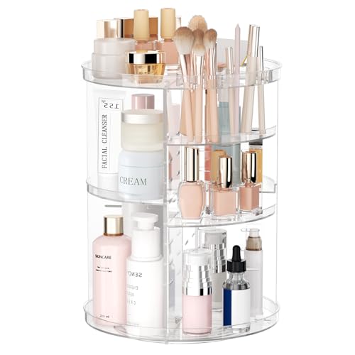 Rotating Makeup Organizer with Adjustable Layers & Brush Holder