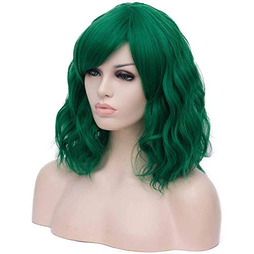 Mildiso Short Curly Wavy Green Wigs for Women with Bangs - 14 inch, Adjustable Cap