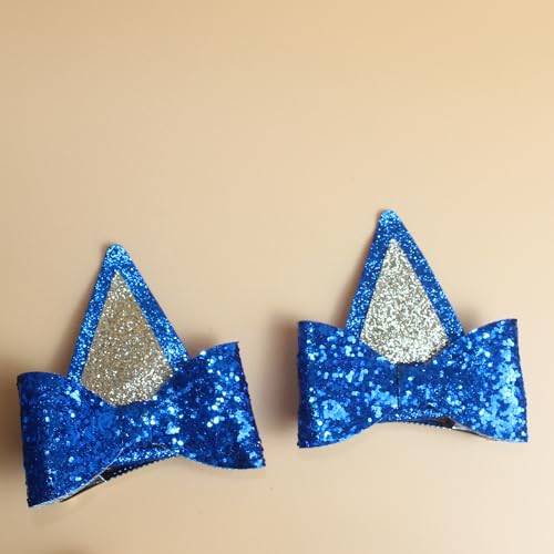 Blue Glitter Dog Ears Hair Clips - 2.5 Inch Barrettes for Parties