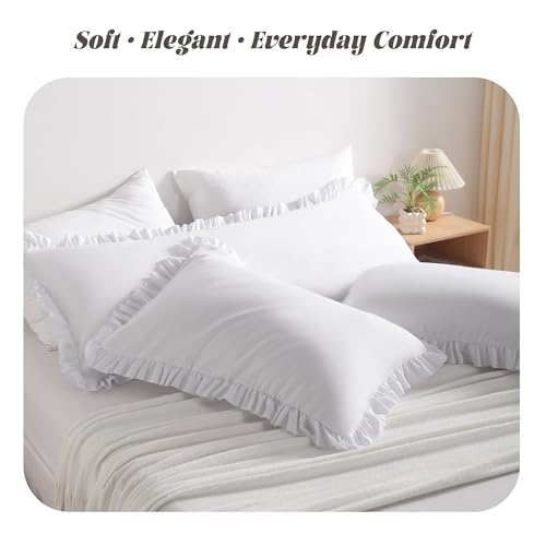 BEDSUMP King Ruffled Pillow Shams Set of 2 - 20x40 White Microfiber